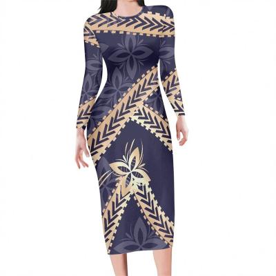 China Custom Breathable Polynesian Tribal Design 7XL Maxi Dress Women Long Sleeve Pacific Islander Samoan Bodycon Dresses For Women Autumn for sale