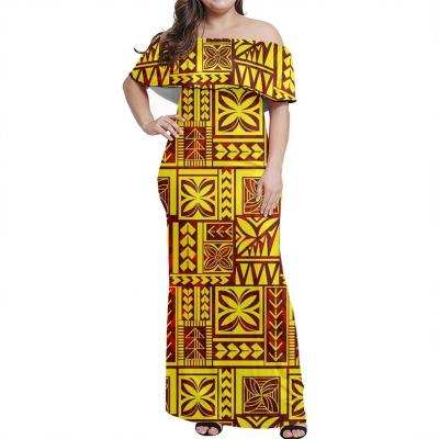 China Breathable Polynesian Tribal Samoa Tapa Print Dress Yellow Flowers Print Custom Clothing Off Shoulder Girl Maxi Evening Party Dress Bodycon for sale