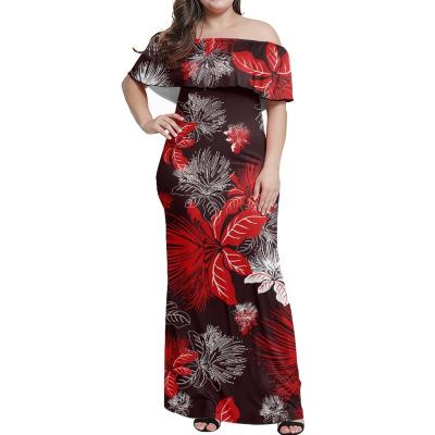 China Elegant Breathable Ladies Evening Ruffle Off The Shoulder Dress For Women 2023 Hawaiian Ohia Custom Made Lehua Maxi Summer Evening Red Dresses for sale