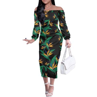 China Custom Made Breathable Lady Long Sleeve Hawaiian Tropical Print Bodycon Off The Shoulder Dresses Spring Night Party Black 2023 Dresses for sale