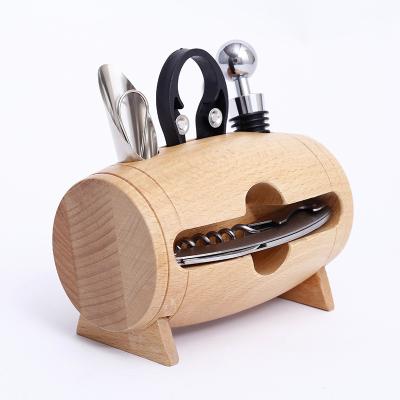 China Stocked Wine Tool 4pcs Set With A Wooden Barrel Rack for sale