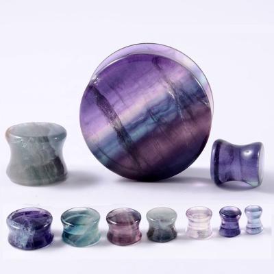 China FASHIONABLE rainbow fluorite stone ear gauge saddle plug tunnel expander earring gauge piercing body jewelry fashion for sale