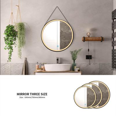 China Stainless Steel Wall Mounted Sight Mirror Wall Mounted Touch Screen LED Makeup Round Decorative Mirror With Leather Strap for sale