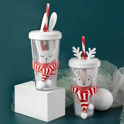 China Sustainable Wholesale Acrylic Clear Double Wall Mug Christmas Tumblers With Lids And Straw for sale