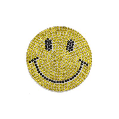 China Custom Pointback Cartoon Colorful Rhinestone Smiley Face Logo Patch Iron On Hotfix Transfer On Apparel for sale