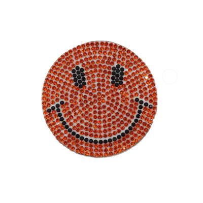 China Custom Pointback Logo Design Patch Smiley Face Iron On Hotfix Rhinestone For Clothing for sale