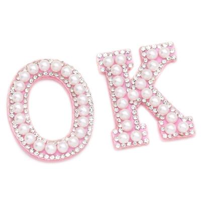 China 3D OK Iron On Patches Bead Logo Bulk Stickers Beaded Pink Letter Patches for sale