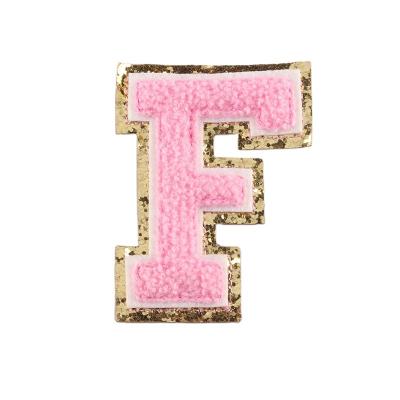 China 3D Hot Fix Sequin Letter F Iron On Chenille Embroidered Patch For Hats for sale