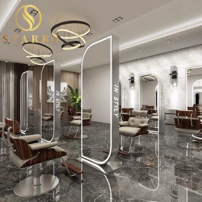 China Hot Selling Modern Barber Shop Furniture Double Side Mirror Station with LED Light for Barber Salon for sale