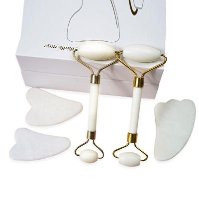 China Whitening Custom Facial White Gua Sha and Jade Roller Set With Logo for sale