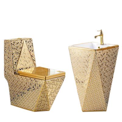 China Popular Style Bathroom Double-Flow Gold Toilet and Sink Gold Ceramic WC Set One Piece Diamond Gold Toilet for sale