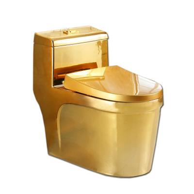 China Double-Flow Chinese WC Equipment Porcelain Ceramic Elegant Design Gold Color One-Piece Toilet For Home Use for sale