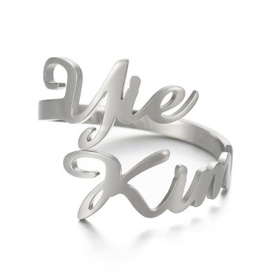 China Custom Two Name Ring Personalized Jewelry Stainless Steel Romantic Adjustable Gold Double Rings for sale