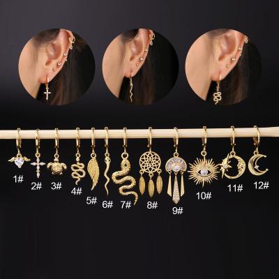 China Fashion Go New Design Party Gold Copper Zircon Snake Inlay Animal Moon Cross Pendant Earring Lobe Tragus Perforation Dangle Circle Earring for sale