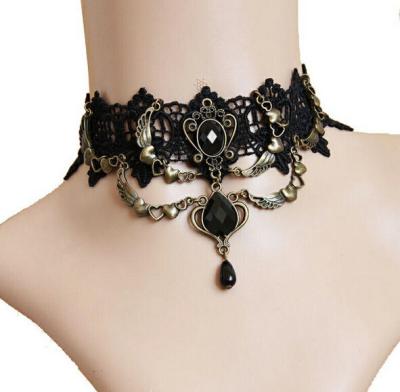 China Wholesale Halloween Carnival Party Fashion Lace Elegent Black Gothic Jewelry Necklace Vintage Beads Beads Necklace for sale