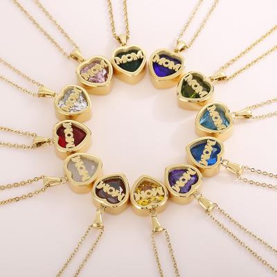 China Fashion Go Party Mother's Day Stainless Steel Mom Love Heart Necklace 12 Birthstone Crystal Rhinestone Necklace Best Mom Necklaces Gift for sale