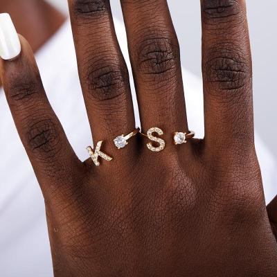 China Fashion Go Part A To Z 26 Letters Stainless Steel Zircon Ring Adjustable 18k Gold Plated Initial Letter Rings for sale