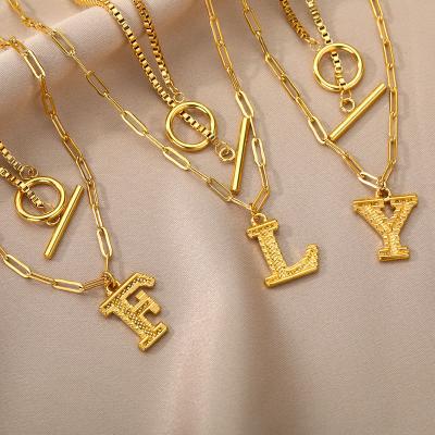 China Fashion Go Party Fashion A-Z 26 Capitalized Letter Initials Name OT Chain Necklaces Stainless Steel Layered Alphabets Pendant Necklaces for sale