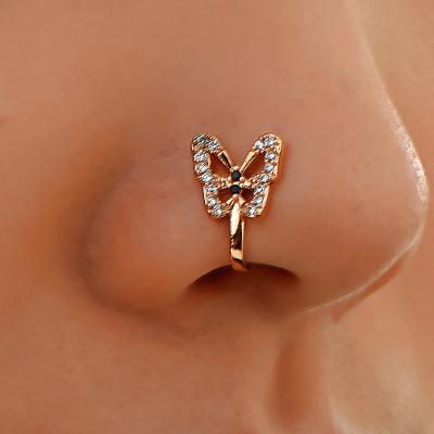 China Fashion Go Parts Wholesale Loose U Shape Unpunched Zircon Crystal Fake Nose Rings Inset Diamond Butterfly Nose Nail Nose Clip Copper for sale