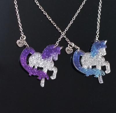 China Cute Unicorn Charm 2pcs Best Friends Necklace Best Friends Forever Charm Acrylic Unicorn Necklace Sets for sale