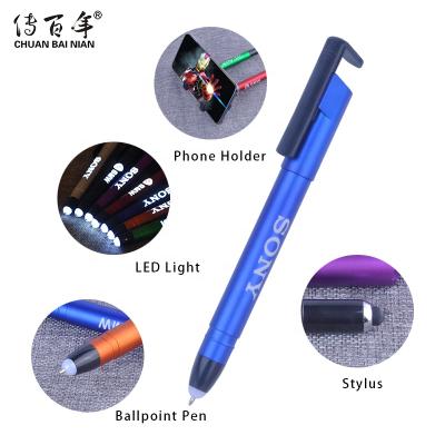 China Custom Logo 4 Promotional Pen 2021 New Design In 1 LED Light Multifunctional Stylus Ball Pen With Phone Holder for sale