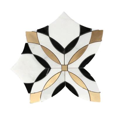 China Modern classic tile flooring brass tile inlay with marble waterjet mosaic tile for sale