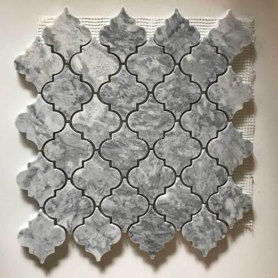 China Parquet Light Gray White Polished Arabesque Stone Marble Lantern Mosaic Slab For Kitchen Backsplash Shower for sale