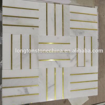 China Parquet Simplicity Bounty Thin Strips Gold Metal Mosaic Mix White Marble Flooring Design for sale