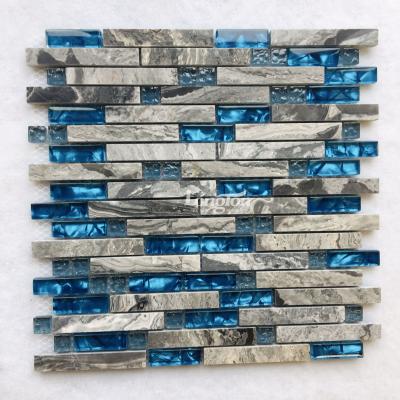 China High Quality Ice Blue Mix Parquet Stone Mosaic Slab Glass Strip Form Backsplash Gray Marble Mosaic for sale