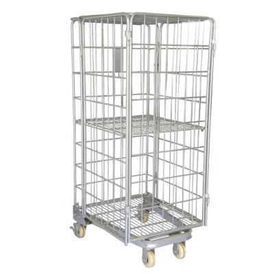 China Industrial Steel Wire Mesh Roll Container Storage Rolling Cage Trolley for sale