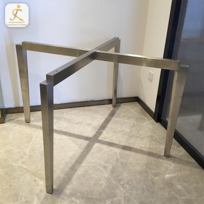 China Regular Custom Cross Design Dining Table Bases For Glass Top Silver Hairline Finished Laser Cut Stainless Steel Dining Table Legs for sale