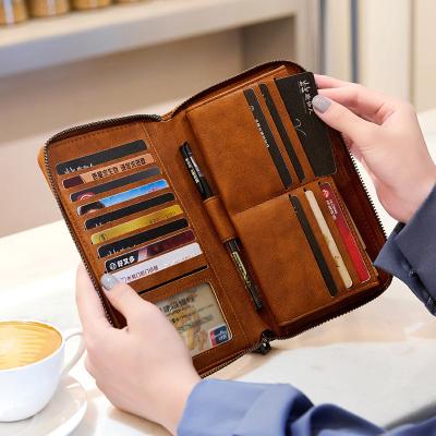 China Hot Fashion Amazon Customized Multifunctional Luxury Leather RFID PU ID Credit Card Holder Long Wallet With Lanyard for sale