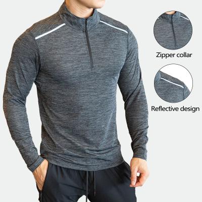 China Wholesale Men's Quick Dry Long Sleeve Sports Quarter Tops Wholesale Plain Anti-wrinkle Buruite Polyester Zipper Logo T-Shirt With Reflective Stripe for sale