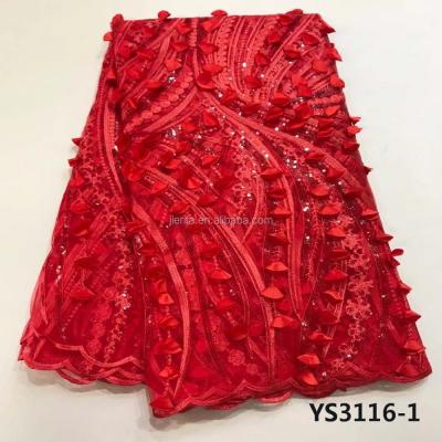 China Waterproof YS3116-1 Polyester Red Net 100% Chantilly Mesh Embroidery Sequins Flower Lace Fabric for sale