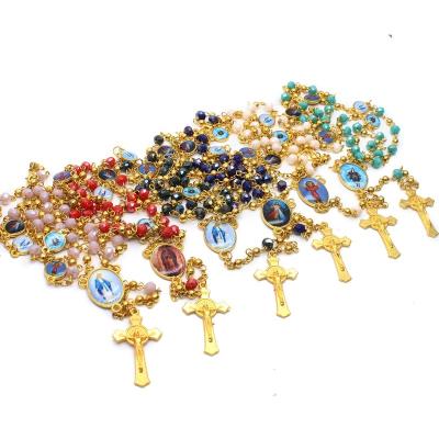 China Catholicism Religious Gift Gold Necklace Rosary Religious Crytal Prayer Beads for sale