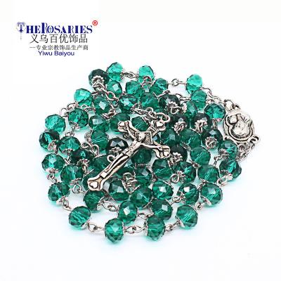 China Religious Green Religious Prayer Beads Crystal Rosary Necklace Silver Gift Catholicim for sale