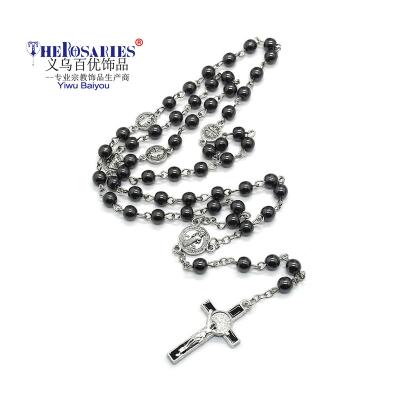 China Religious Blessed Catholic St Benedict Medal and Rosary Rosary Necklace Black Hematite Beads Saint Cross Necklace for sale