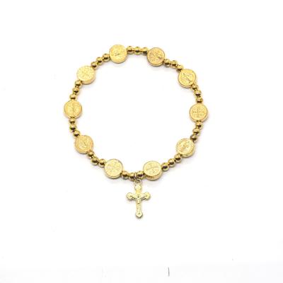 China Saint Benedict Medals Rosary Bracelet Religious Jewelry Gold Tone Prayer Bead Rosary Stretch Religious Bracelet for sale