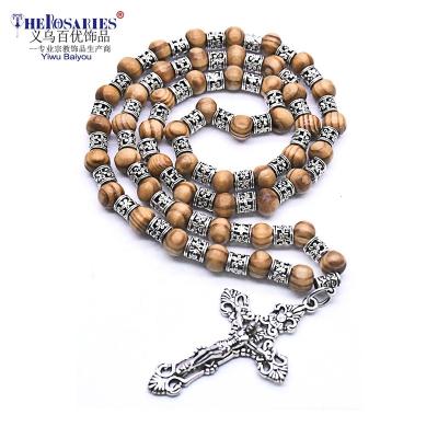 China Religious Pine Wood Beads Vintage Promotion Religious Necklace Fashion Cross Pendant Gift for sale