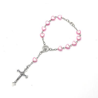 China Holy Rosary Beads Rosary Bracelet Rosary Beads with Virgin Mary Pink Heart Crucifix Bracelet for Women and Girls for sale