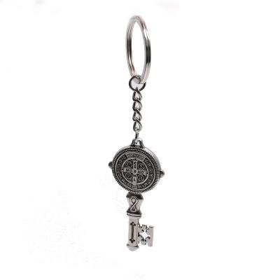 China Holy Land Shape Antique Metal St Benedict Key Chain Ring Silver Key Pendant Jewelry Religious Gifts for sale