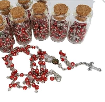 China Handmade Rosary in Jar Glass Bottle Beads Necklace Lady Guadalupe Red Bead Rosary Silver Catholic Crucifix Cross for sale