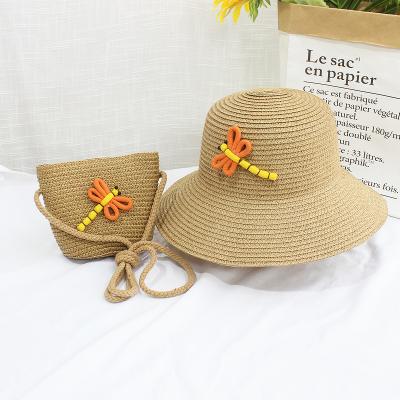 China Character Summer Children Beach Sunshade Sun Protection Straw Hat Brim Dragonfly Straw Hat Bag Flat Set for sale