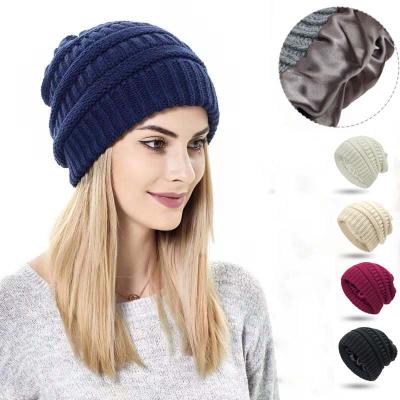 China 2021 Best Quality Slouchy Slouchy Warm Beanie Hat With Satin Lining Beanie Knitted Cap Hat New Winter Loose Quality for sale