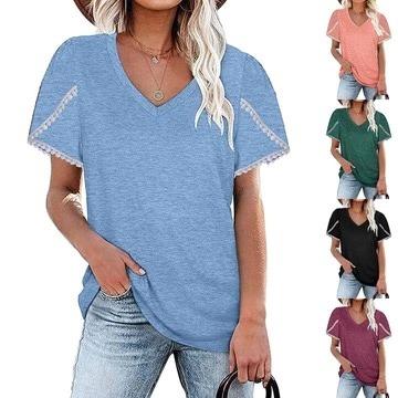 China Summer Casual Loose Women's Lace Petal Sleeve Breathable T-shirt New Hot Women's V-neck Short Sleeve Breathable T-shirt for sale