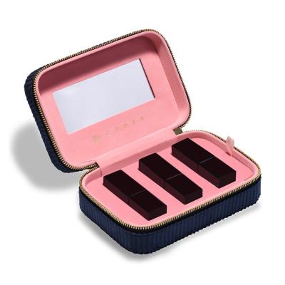 China Dark Blue Velvet Trio Travel Lipstick Case With Interior Mirror And EVA Insert for sale