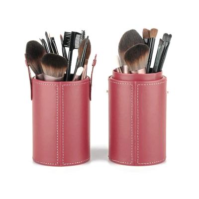 China Cylindrical Makeup Brush Tube Case Red Vegan Leather Satin Lining for sale