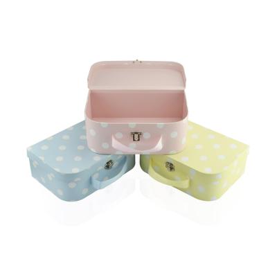 China 3 Set Dot Pattern Cardboard Storage Suitcase Box With Ribbon Handle for sale