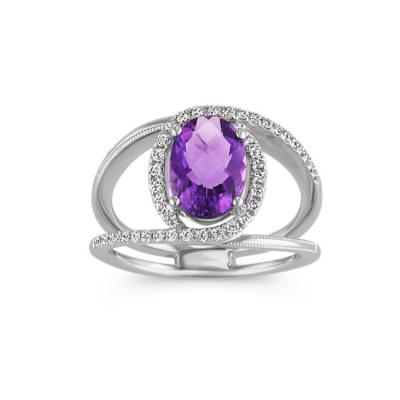 China CLASSIC Oval Amethyst and Swirling Round Diamond Ring in Sterling Silver for sale