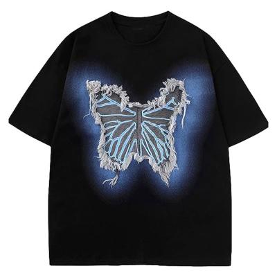 China Anti-wrinkle Shirts Factory Wholesale Men's Shirts Fashion Tassel Embroidery Butterfly Printed Short Sleeve Shirt For Men for sale